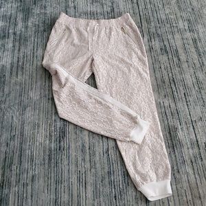 Bebe couture workout lace & ribbon sweat pant worn with sneakers heels sandals